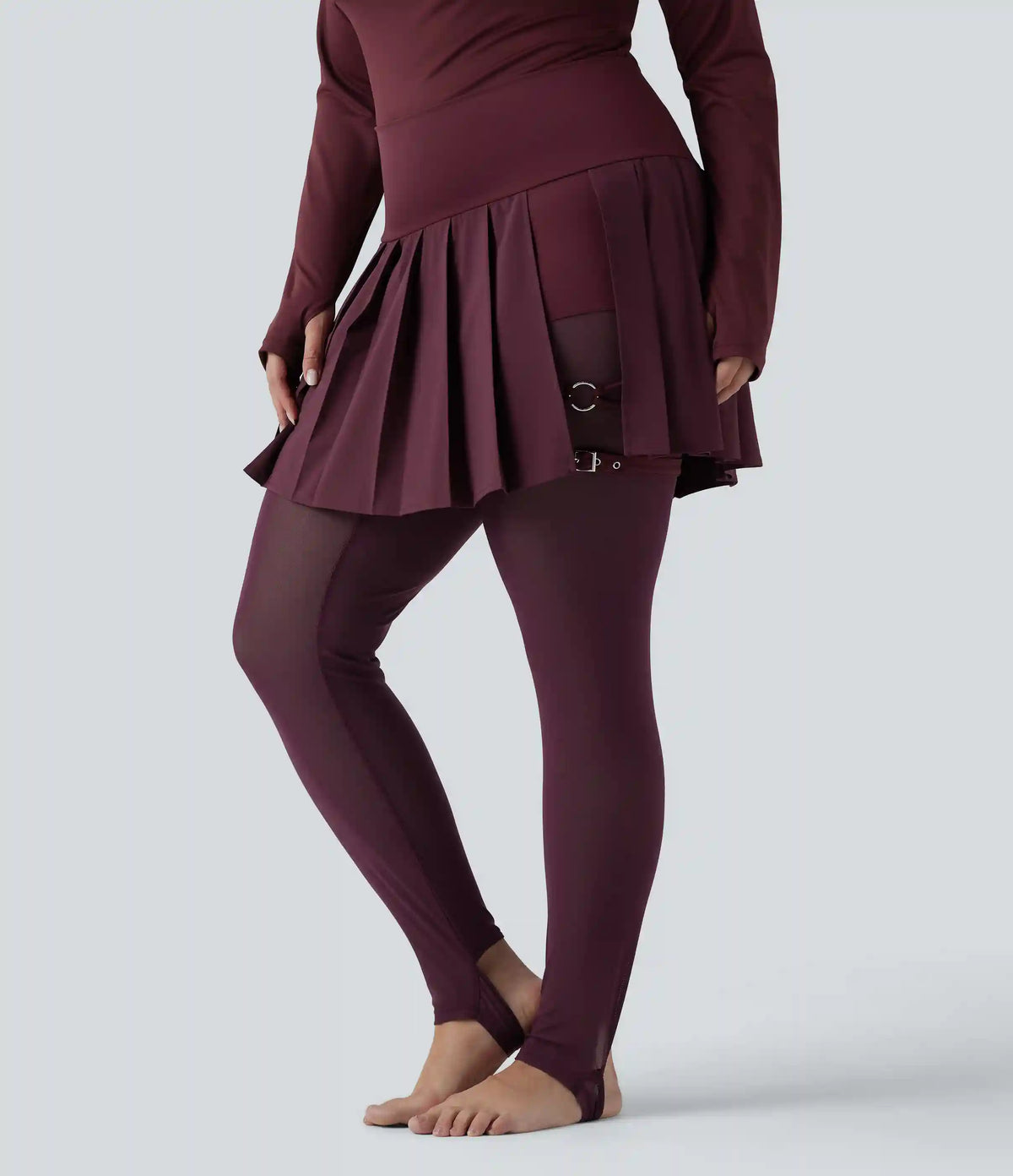 Breezeful™ High Waisted Pleated 2-in-1 Contrast Mesh Quick Dry Dance Plus Size Stirrup Skirted Leggings with Pockets