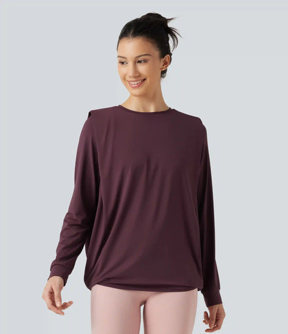 Round Neck Long Sleeve Ruched InstantCool Yoga Sports Top-Longer Length-UPF50+