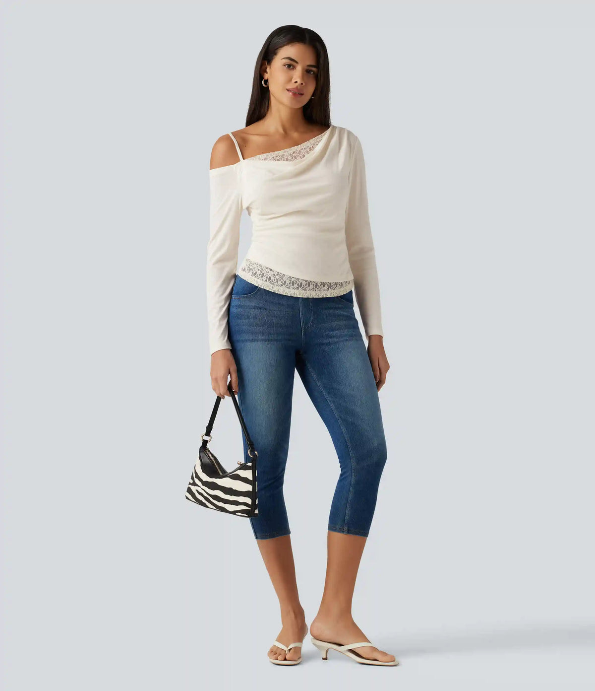 One Shoulder Long Sleeve 2-in-1 Contrast Lace Casual Top