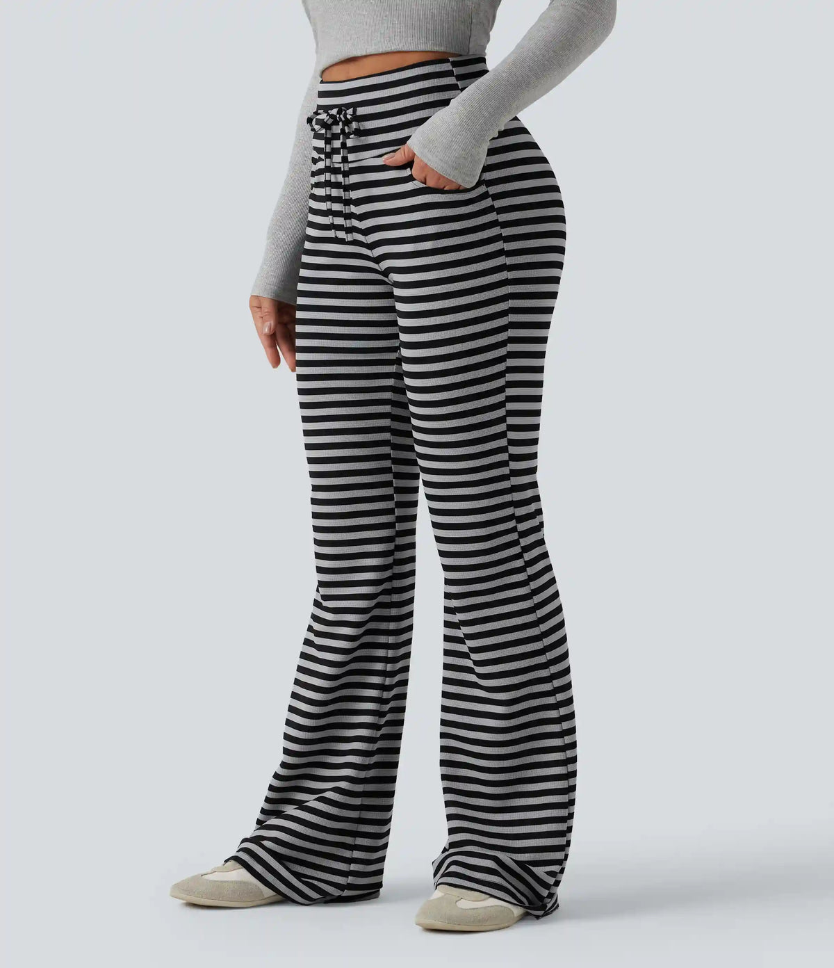 High Waisted Drawstring Tummy Control Stripe Waffle Flare Casual Pants with Pockets