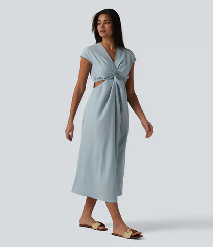V-neck Short Sleeve Twisted Cut-out Invisible Zipper Midi Resort Dress with Pockets