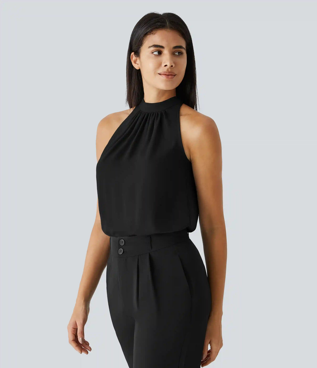 Keyhole Back Halter Sleeveless Curved Hem Work Blouse