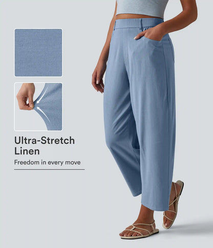 High Waisted Barrel Leg Casual Stretch Linen Pants with Pockets