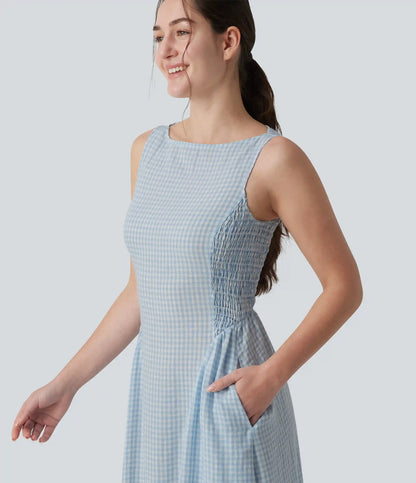 Boat Neck Sleeveless Plaid Flowy Maxi Casual Linen-Feel Dress with Pockets