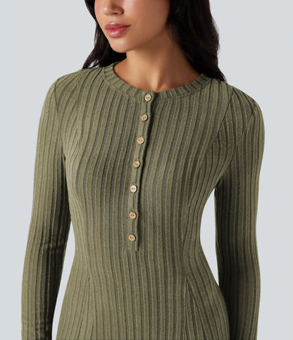 Ribbed Knit Henley Neck Long Sleeve Flowy Maxi Casual Dress