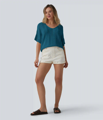 V Neck Short Sleeve Casual Sweater