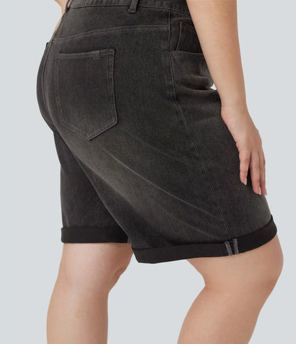 Halara Flex™ High Waisted Multiple Pockets Rolled Hem Washed Stretchy Knit Denim Casual Plus Size Bermuda Shorts