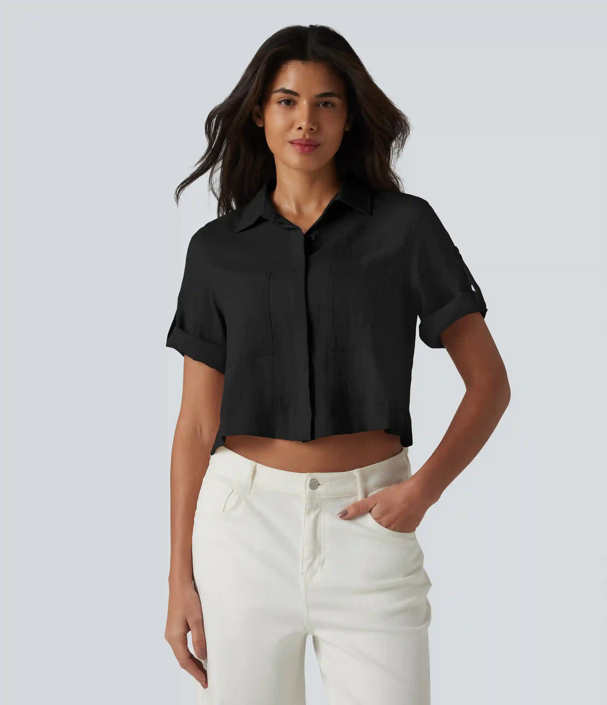 Roll Up Short Sleeve Cropped Casual Linen-Blend Shirt with Pockets