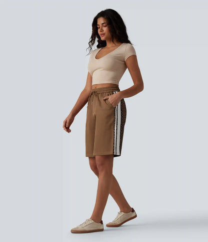 Mid Rise Drawstring Color Block Stripes Contrast Leopard Casual Baggy Bermuda Shorts 10'' with Pockets