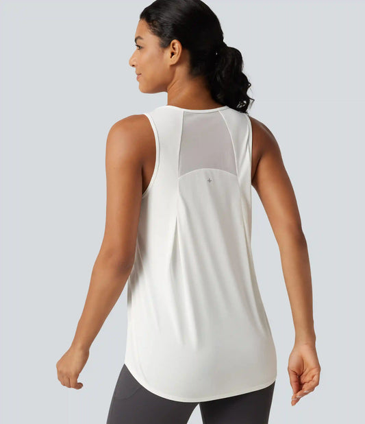 Contrast Mesh Curved Hem Running Tank Top-Longer Length