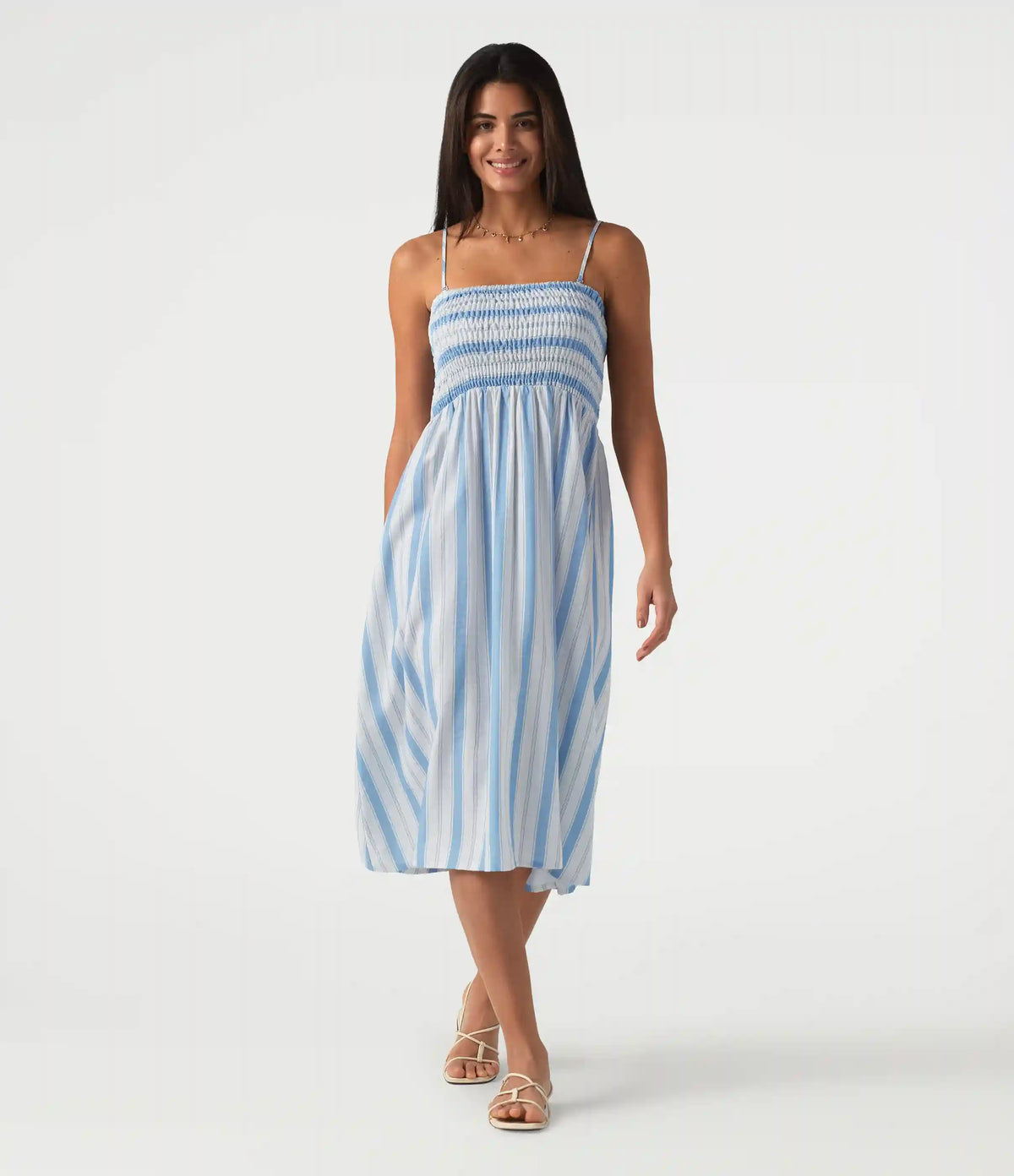 Removable Straps Shirred Stripes Linen-Feel Resort Slip Dress