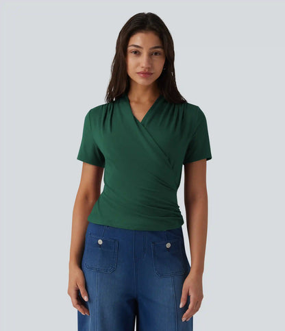 V Neck Short Sleeve Work Blouse