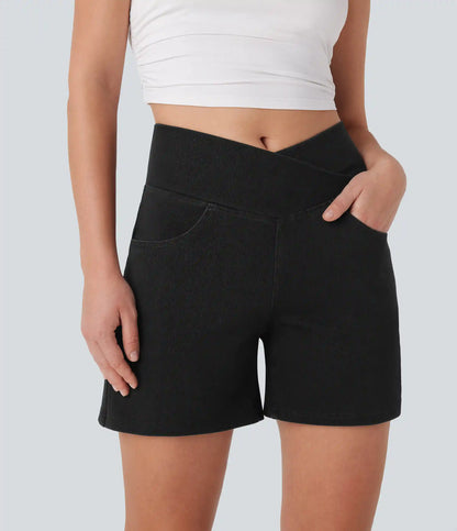 Halara Flex™ Crossover High Waisted Pockets Wide Leg A Line Washed Denim Casual Shorts