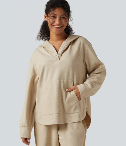 Long Sleeve Kangaroo Pocket Curved Hem Casual Pullover Hoodie with Pocket
