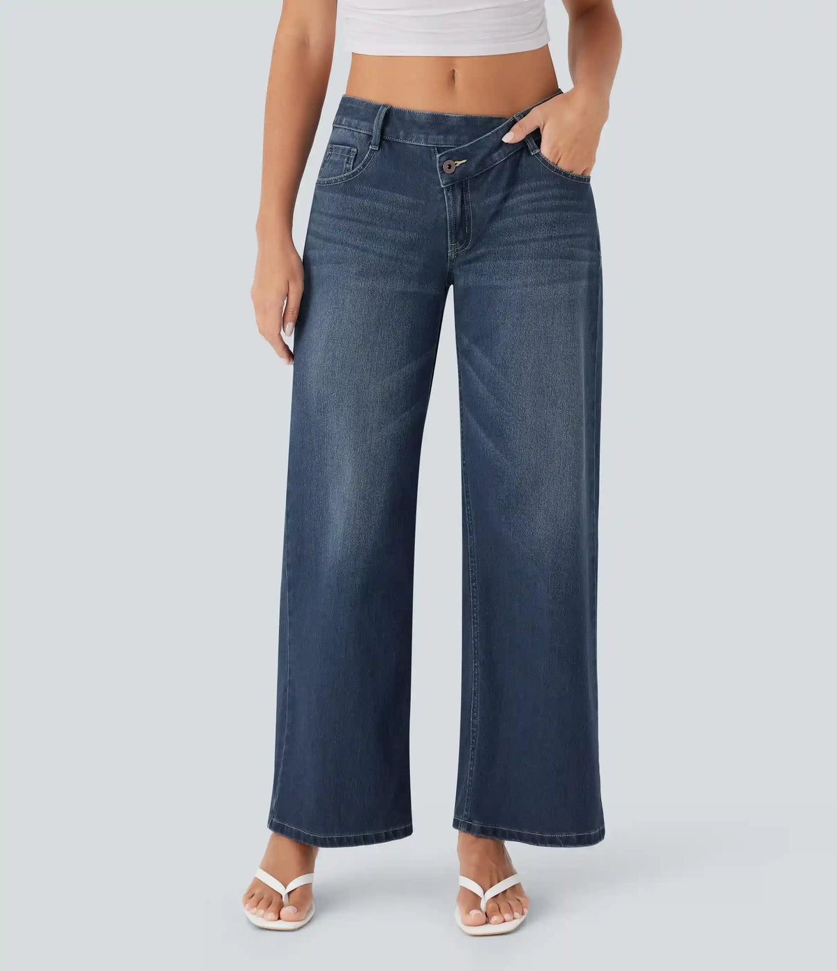 Halara Flex™ Asymmetric Low Rise Zipper Pockets Baggy Wide Leg Washed Casual Jeans