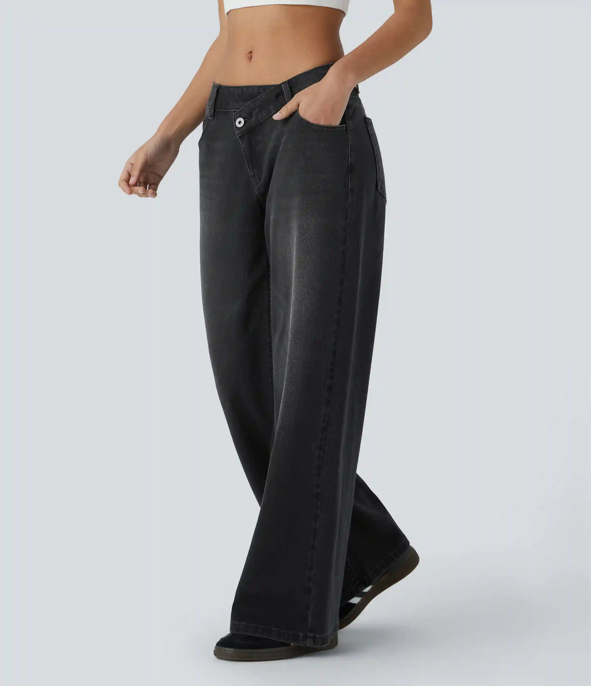 Halara Flex™ Asymmetric Low Rise Zipper Pockets Baggy Wide Leg Washed Casual Jeans