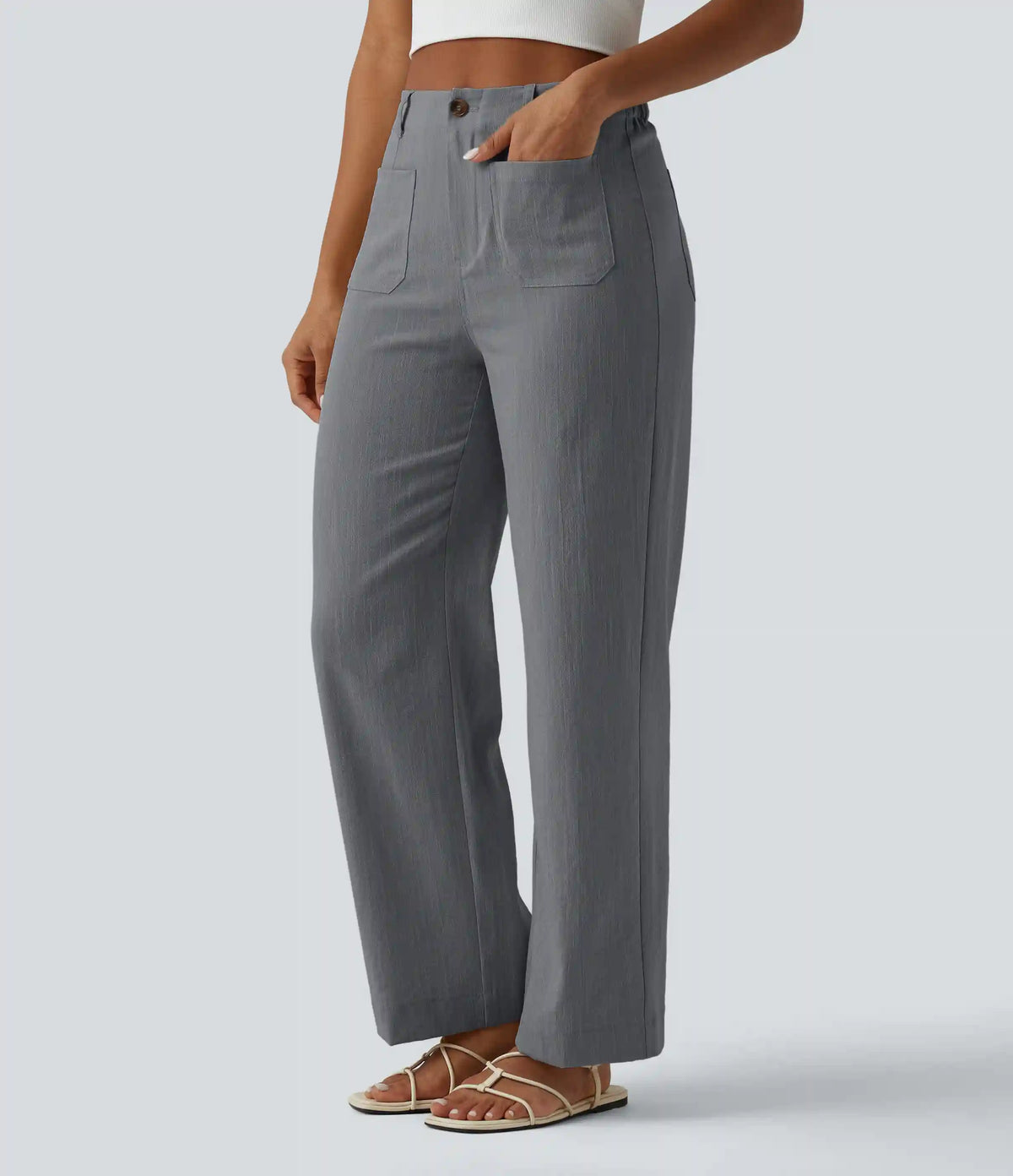 High Waisted Straight Leg Casual Linen-Feel Pants with Pockets