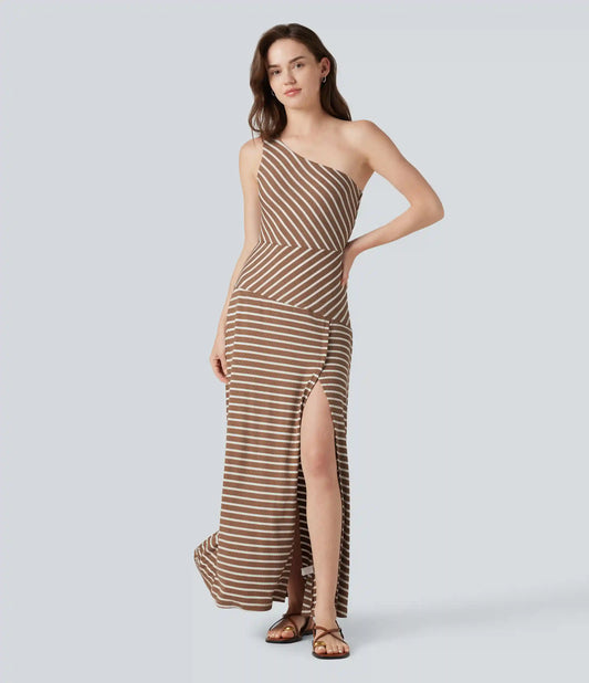 Ribbed Knit One Shoulder Sleeveless Stripe Maxi Casual Dress with Pocket