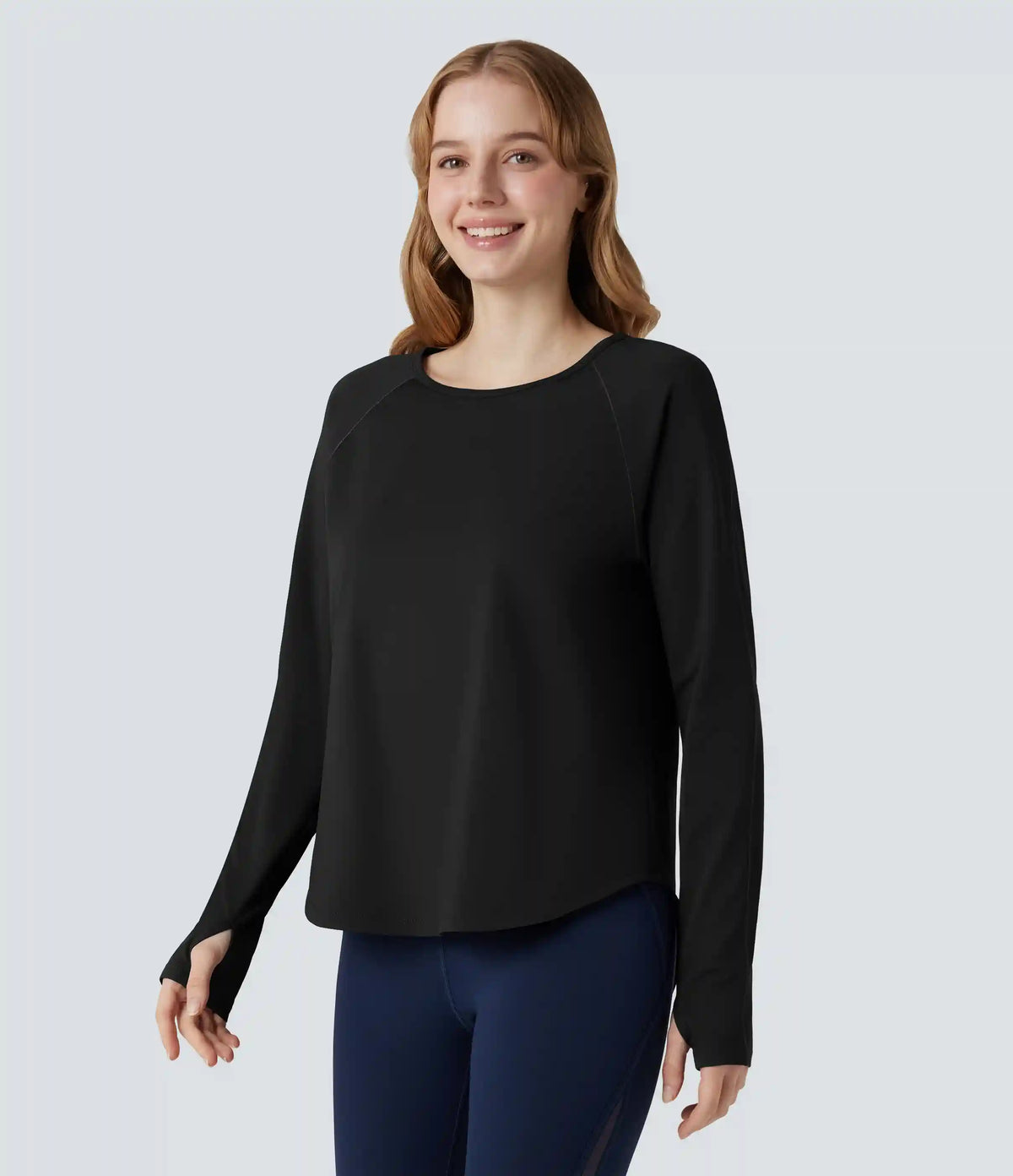 Round Neck Long Sleeve Thumb Hole Contrast Mesh Workout Sports Top