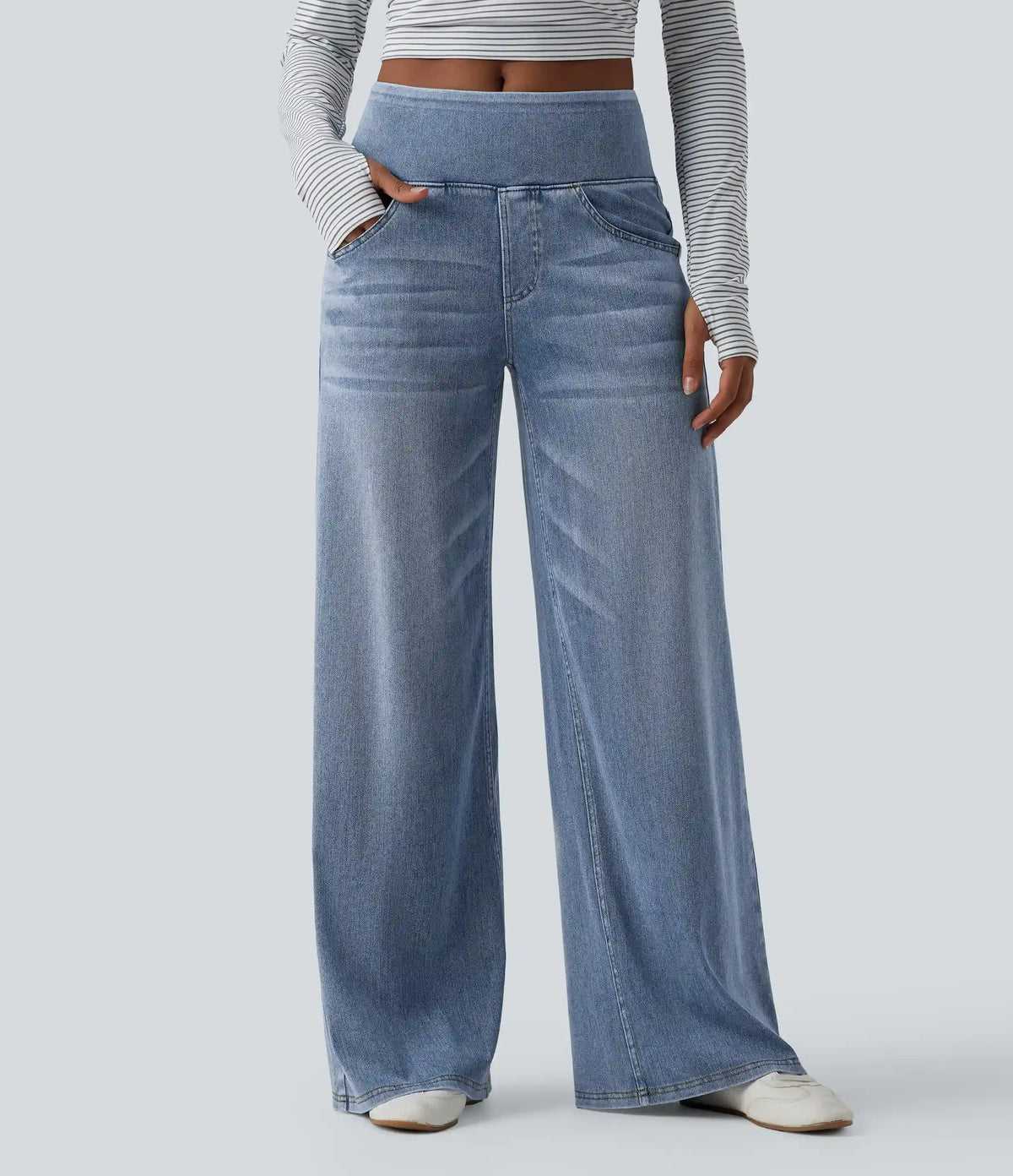 Halara Flex™ Mid Rise Draped Lyocell Washed Casual Baggy Wide Leg Jeans with Pockets