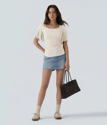 Ribbed Square Neck Butterfly Sleeve Ruched Casual T-Shirt