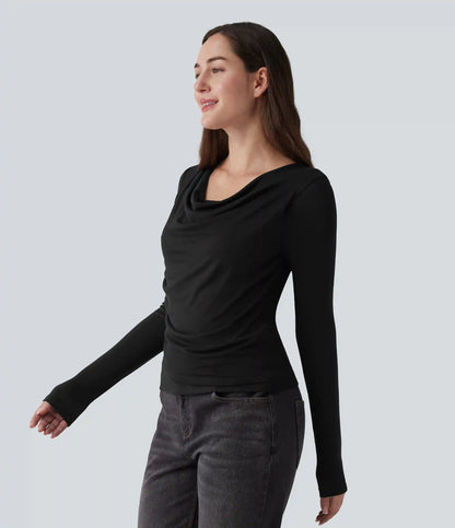 Ribbed Knit Cowl Neck Long Sleeve Contrast Lace Casual Top