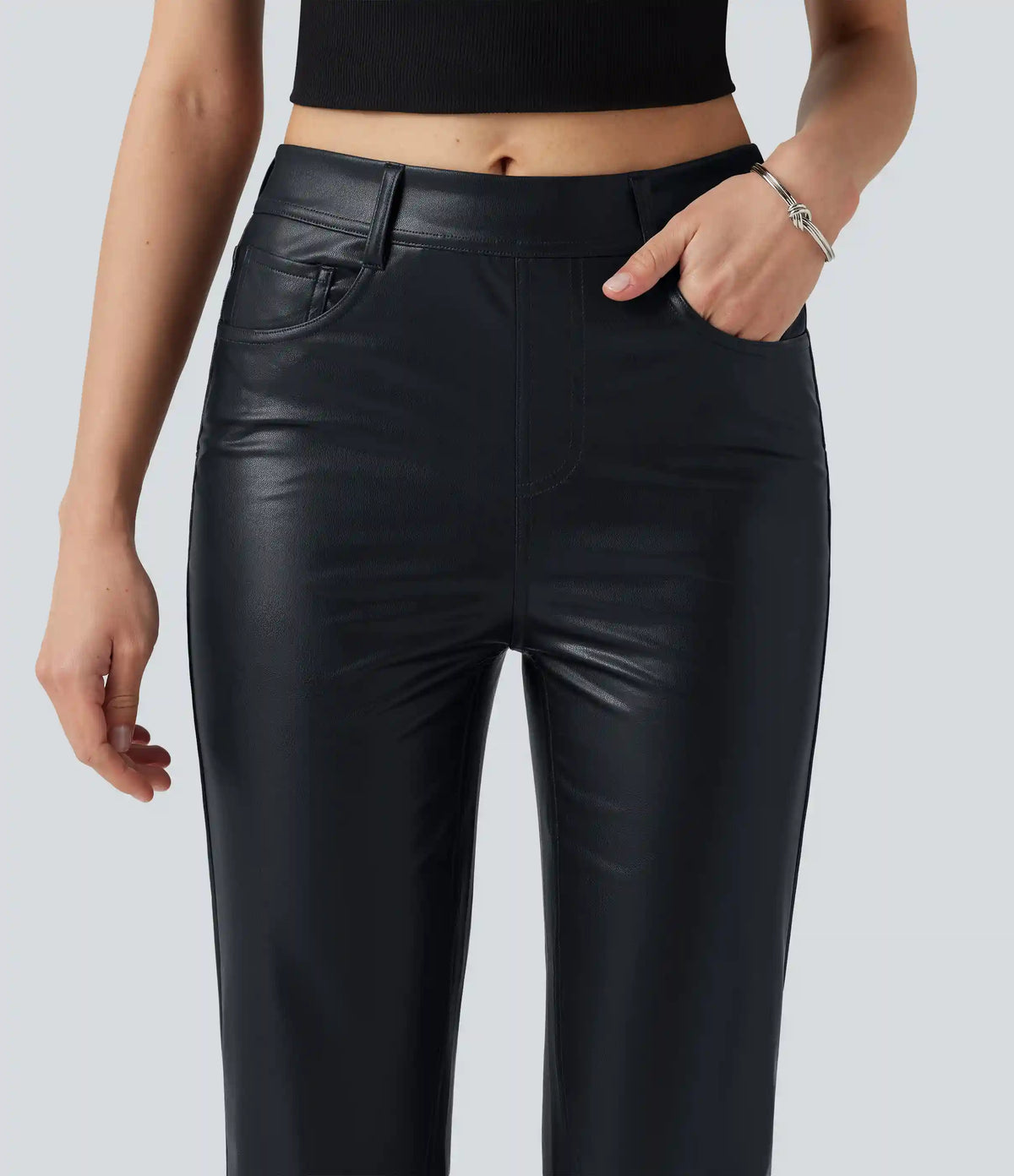 Mid Rise Stretchy PU Bootcut Casual Pants with Pockets