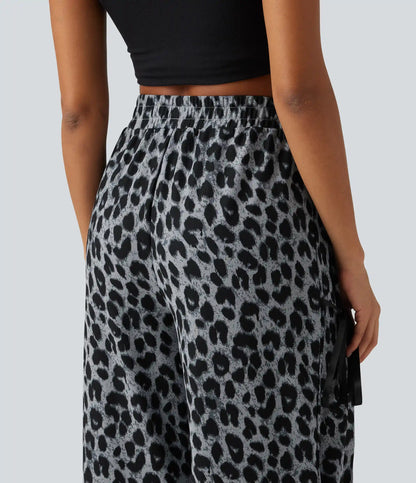 High Waisted Leopard Print Waffle Wide Leg Casual Pants with Pockets