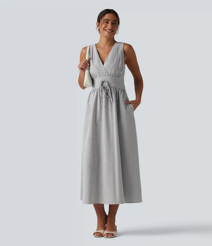 V Neck Sleeveless Stripe Midi Dress with Pockets