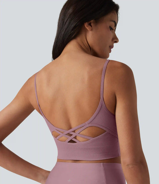 Ribbed Knit Low Support U Neck Built-in Bra Yoga Sports Bra-UPF40+