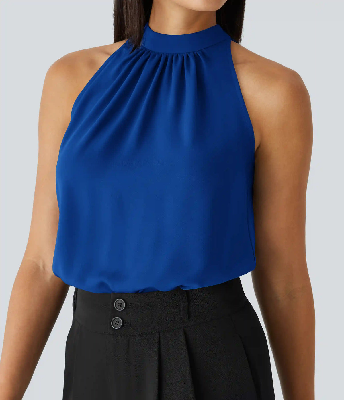 Keyhole Back Halter Sleeveless Curved Hem Work Blouse