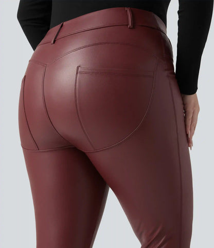 High Waisted Stretchy PU Fleece Casual Plus Size Leggings with Pockets