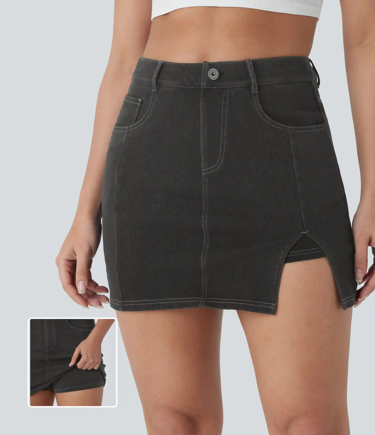Halara Flex™ High Waisted Pockets 2-in-1 Bodycon Mini Washed Denim Casual Skirt
