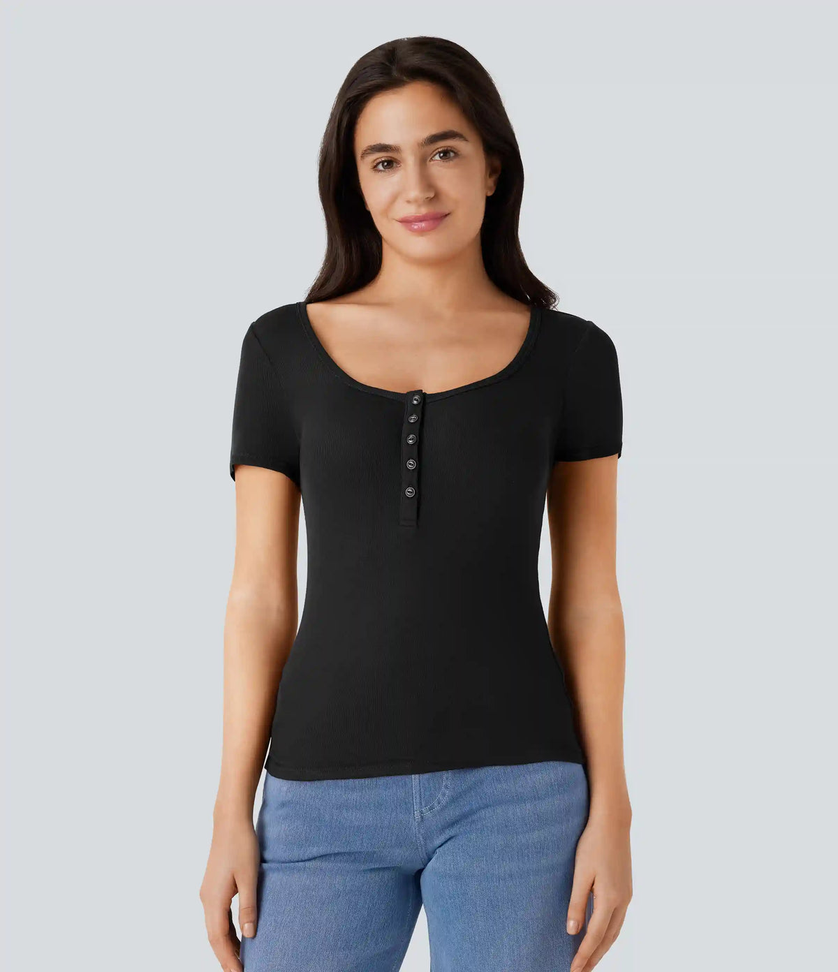 Ribbed Henley Neck Short Sleeve Slim Casual Top