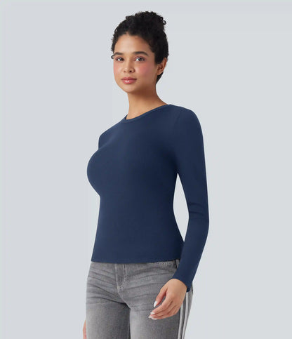 Ribbed Knit Round Neck Long Sleeve Casual Top