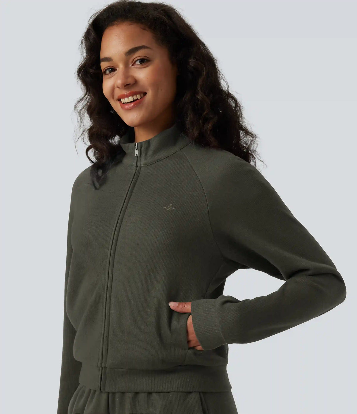 Ribbed Stand Collar Long Sleeve Zipper Casual Jacket with Pockets