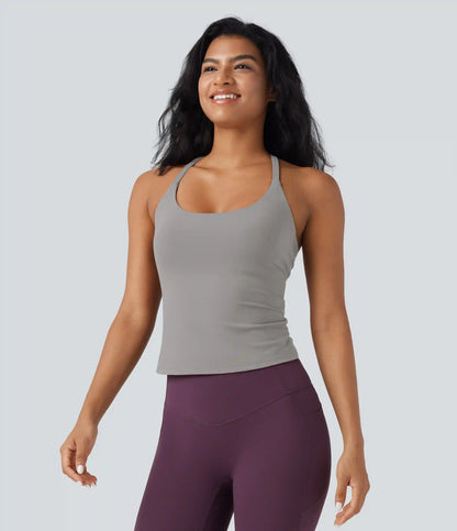 Scoop Neck Crisscross Back Crossover Hem Yoga Cami Top