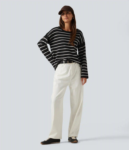 Boat Neck Long Sleeve Stripe Rolled Hem Oversized Casual Sweater