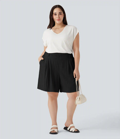 High Waisted Linen-Feel Casual Plus Size Bermuda Shorts with Pockets