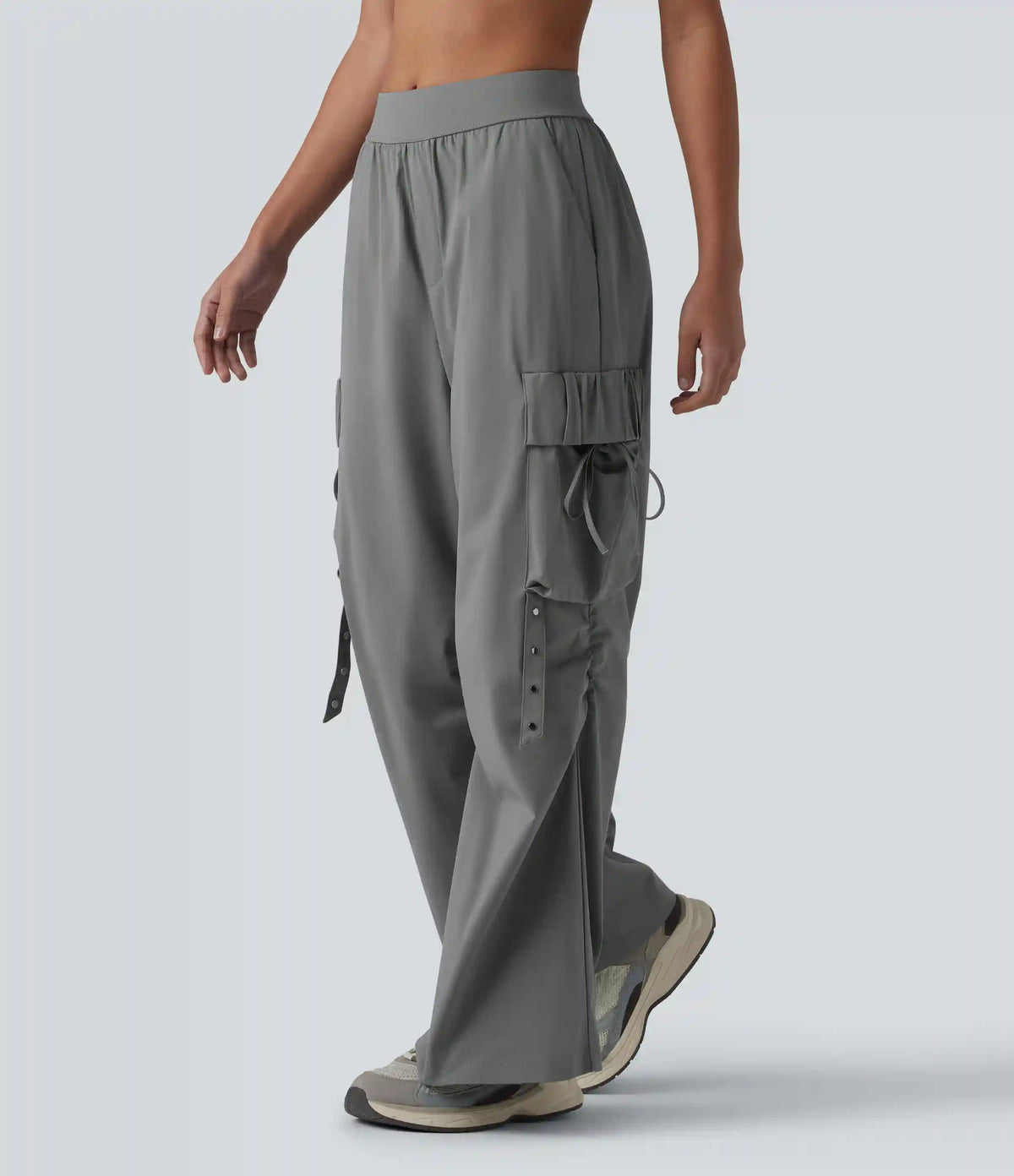 Mid Rise Ruched Tie Workout Cargo Bootcut Pants with Pockets