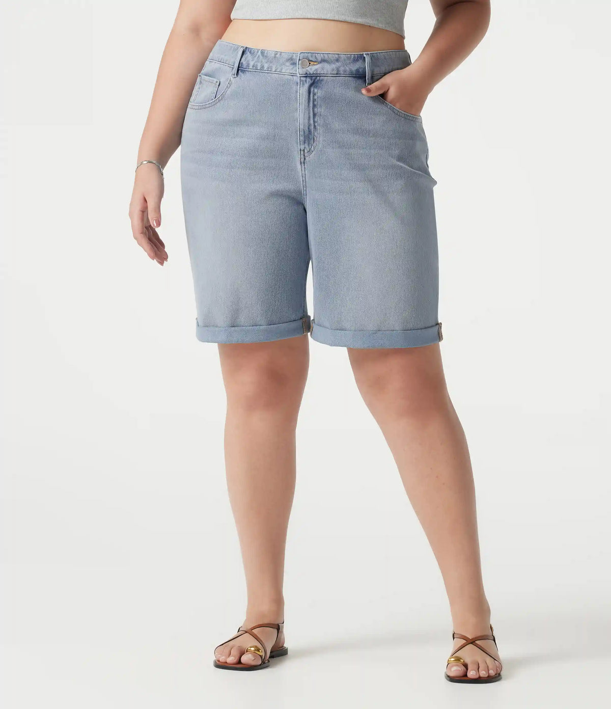 Halara Flex™ High Waisted Multiple Pockets Rolled Hem Washed Stretchy Knit Denim Casual Plus Size Bermuda Shorts