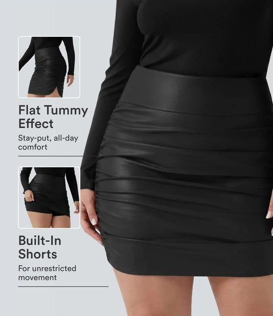 Plus Size High Waisted Tummy Control Ruched Curved Hem 2-in-1 Bodycon Fleece PU Leather Mini Skirt-Longer Length