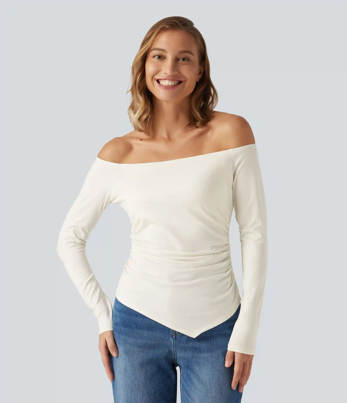 Off Shoulder Built-in Bra Long Sleeve Asymmetric Hem Casual Top