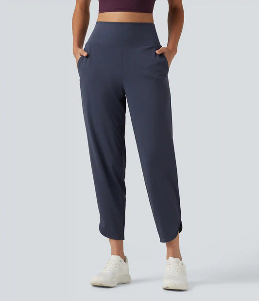 High Waisted Inner Drawstring Cropped Curved Hem InstantCool Quick Dry Running Pants with Pockets-UPF50+