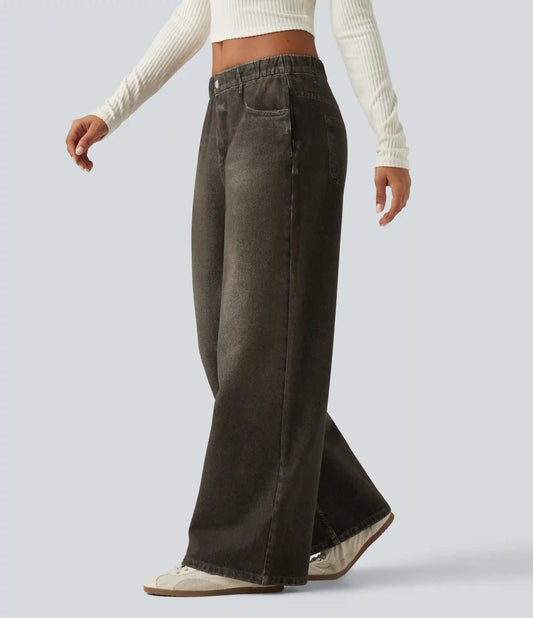 Mid Rise Wide Leg Denim Print French Terry Casual Jeans with Pockets