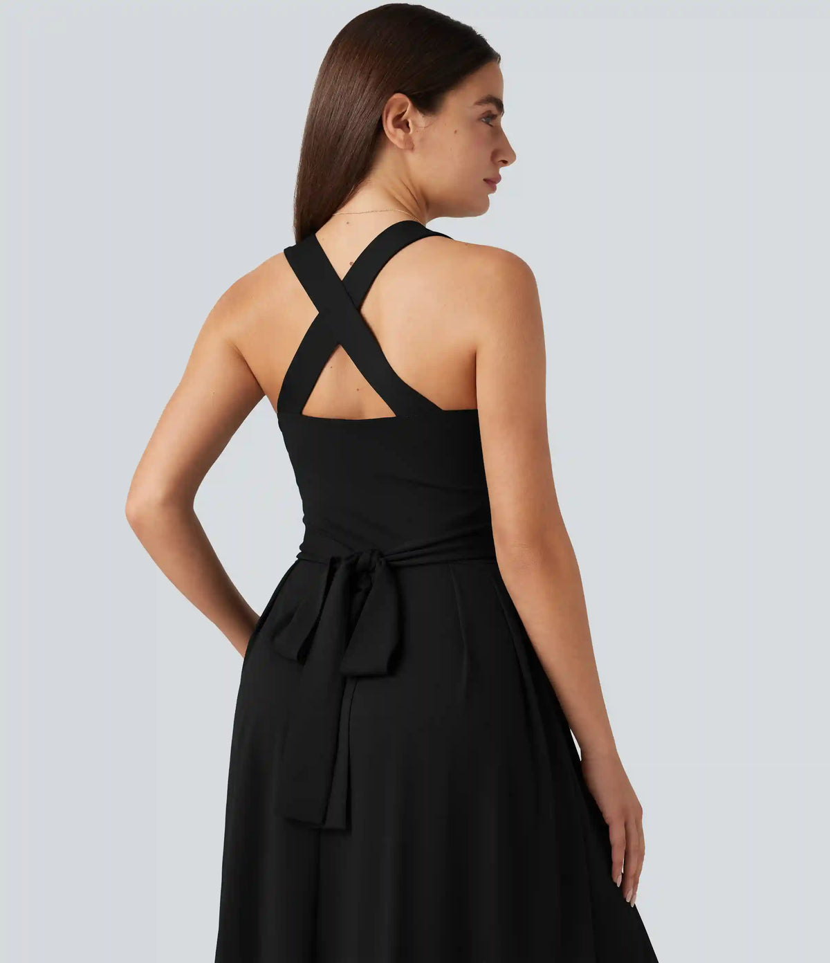 Sweetheart Neck Sleeveless Crisscross Tie-back Maxi Casual Flowy Dress with Pockets