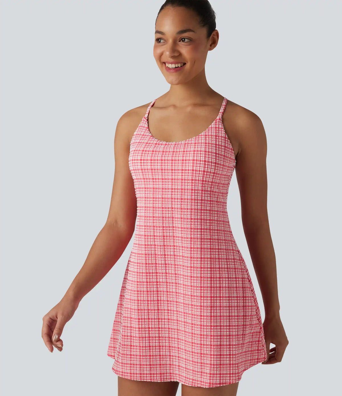 2-in-1 Plaid Crinkle Quick Dry Mini Tennis Active Dress with Pockets-Easy Peezy Edition