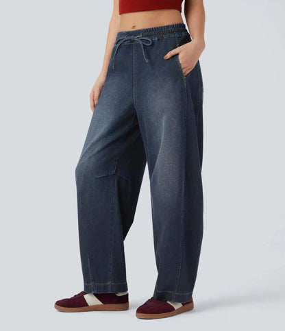 Halara Flex™ Mid Rise Drawstring Barrel Leg Washed Casual Baggy Sweatpants Jeans with Pockets