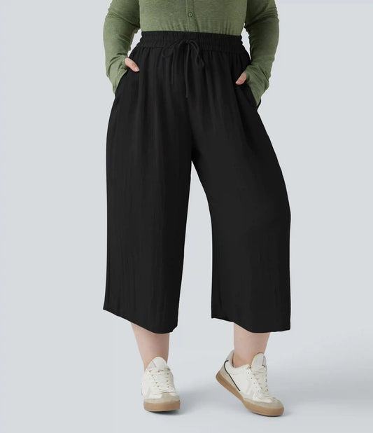 High Waisted Drawstring Wide Leg Cropped Casual Linen-Feel Plus Size Pants with Pockets