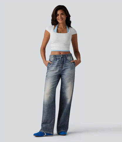 Mid Rise Denim Print French Terry Casual Sweatpants Jeans with Pockets
